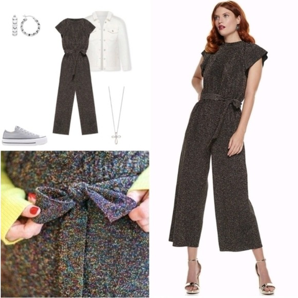 Nine West Flutter Sleeve Jumpsuit M- Multi Sparkle Belted Wide Leg Party Career - Picture 1 of 16